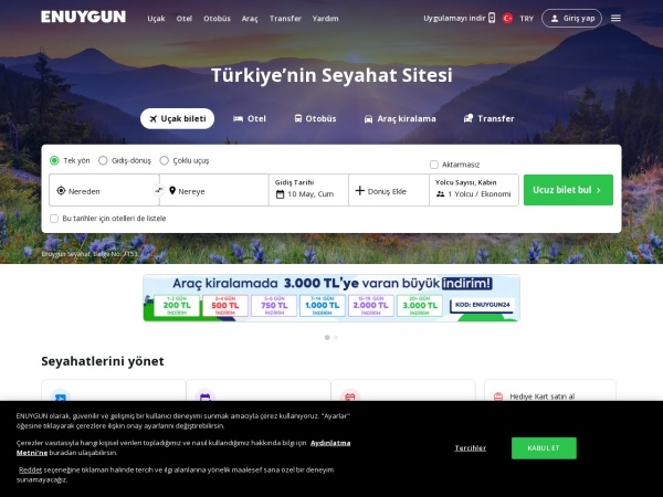 enuygun.com website ekran görüntüsü ENUYGUN Türkiye'nin Seyahat Sitesi - Uçak Bileti, Otobüs, Otel