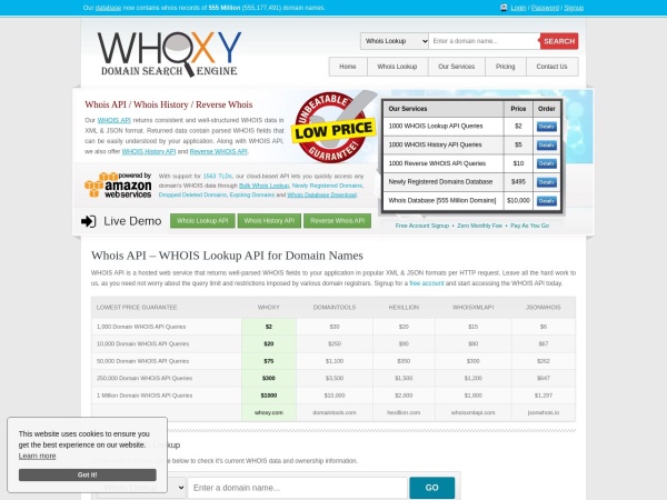 whoxy.com website immagine dello schermo WHOIS API | WHOIS Lookup API | Domain WHOIS API