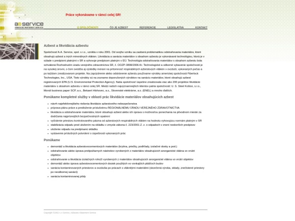 aaservice.sk website screenshot A.A.Service - Azbest a likvidácia azbestu v rámci celej SR