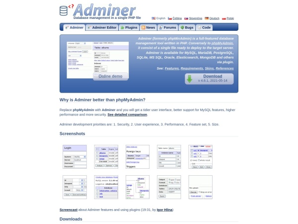 adminer.org website Bildschirmfoto Adminer - Database management in a single PHP file