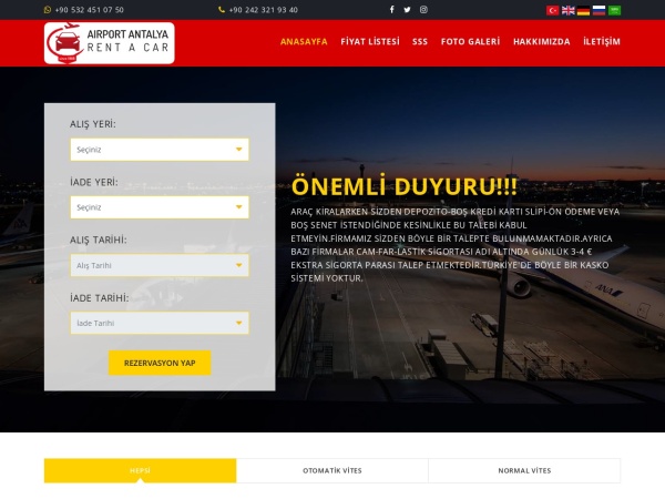 airportantalyarentacar.com website Скриншот Airport Antalya Rent A Car / Araba Kiralama Antalya / Antalya Araba Kiralama / Araç Kiralama Antalya