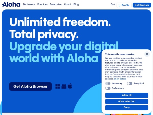 alohabrowser.com website Скриншот Aloha Browser - private browser for mobiles: iPhone, iPad, Android