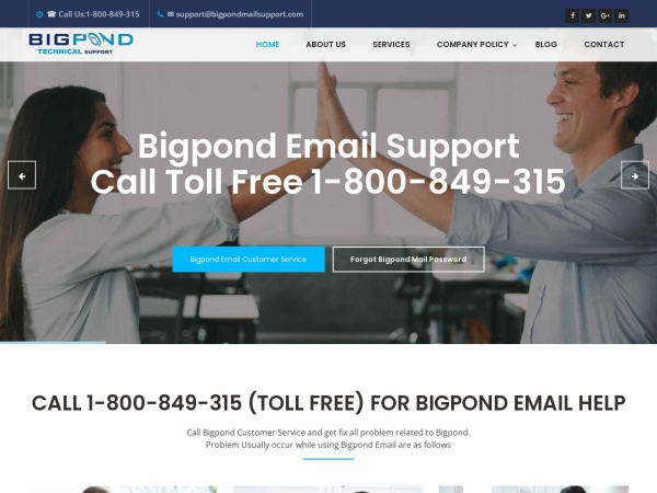 bigpondmailsupport.com website screenshot Call 1-800-849-315 Bigpond Email Technical Support Number