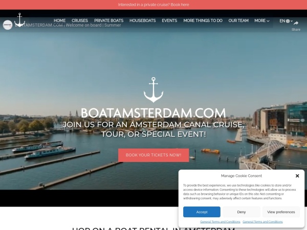 boatamsterdam.com website captura de tela Boat Amsterdam | Amsterdam Canal Cruises & Houseboat Rentals