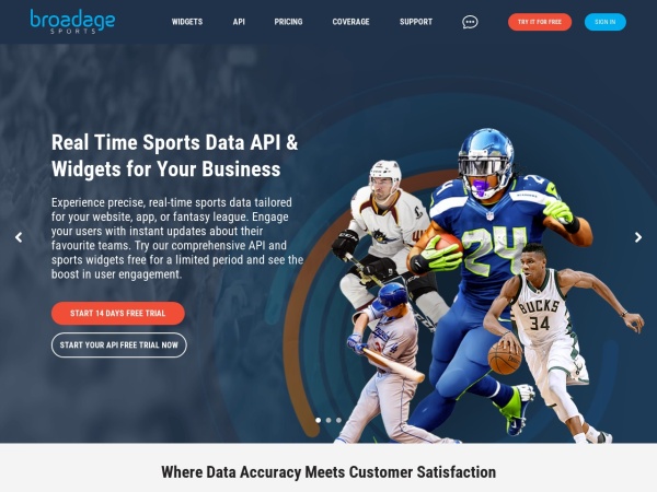 broadage.com website skærmbillede Sports Data Company, Widgets and API