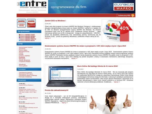 centrumwapro.pl website Скриншот ENTRE Systemy Informatyczne - Asseco WAPRO - oprogramowanie dla firm