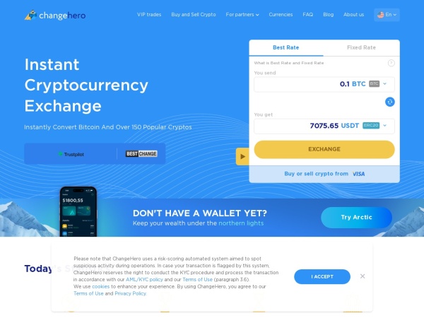 changehero.io website captura de tela ChangeHero — Instant Cryptocurrency Exchange