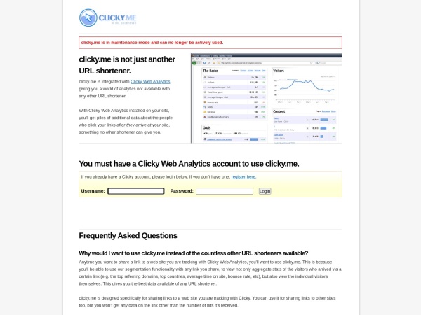 clicky.me website Bildschirmfoto URL shortener analytics and visitor tracking | clicky.me