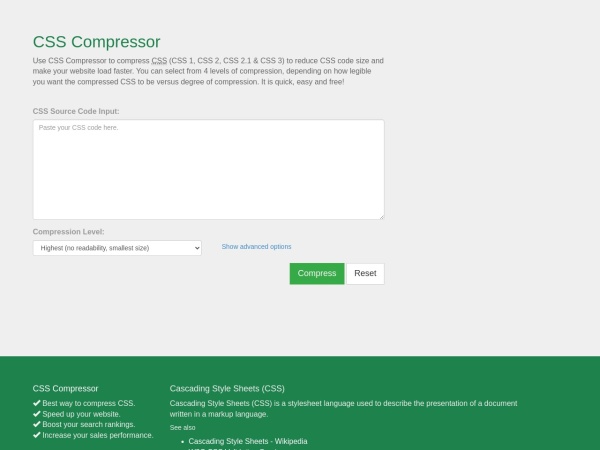 csscompressor.com website skärmdump CSS Compressor