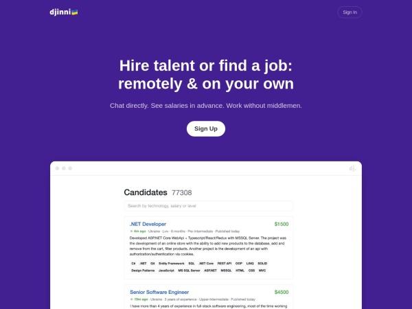 djinni.co website screenshot Djinni | Hire talent or find a job: remotely & on your own
