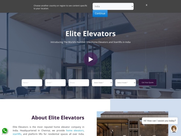 eliteelevators.com website skærmbillede Home Elevators India | Residential Lifts - Elite Elevators ®