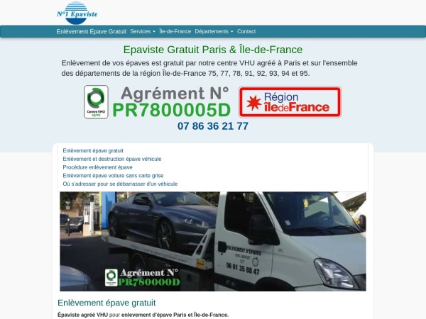 epavegratuit.com website captura de tela Epaviste Gratuit Paris et Île-de-France : Centre VHU Agréé