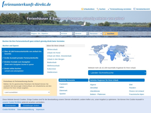 ferienunterkunft-direkt.de website skärmdump ▸ Ferienhäuser & Ferien­wohnungen privat günstig mieten