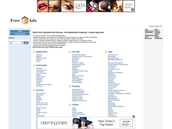 freeadshome.com website skærmbillede Post Free Ads Without Registration
