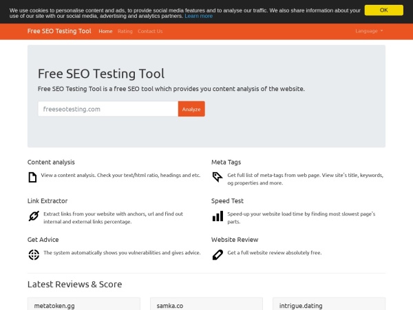 freeseotesting.com website screenshot Free SEO Testing Tool - free SEO review and score tool