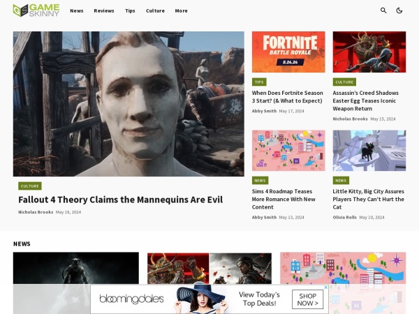 gameskinny.com website screenshot Video Game News, Cheats, Guides, Walkthroughs, Videos, Reviews & Culture