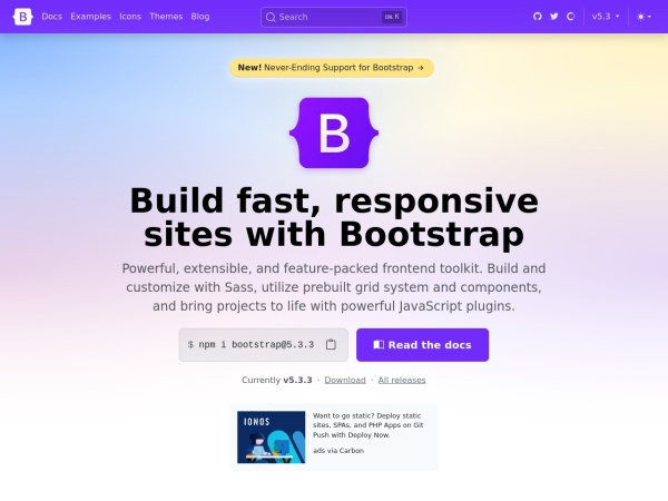 getbootstrap.com website skærmbillede Bootstrap · The most popular HTML, CSS, and JS library in the world.