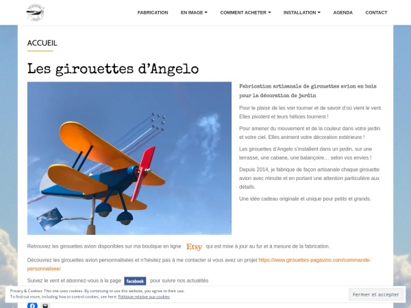 girouettes-pagavino.com website screenshot Les girouettes d'Angelo - Accueil - Girouettes avion en bois pour la décoration de jardin
