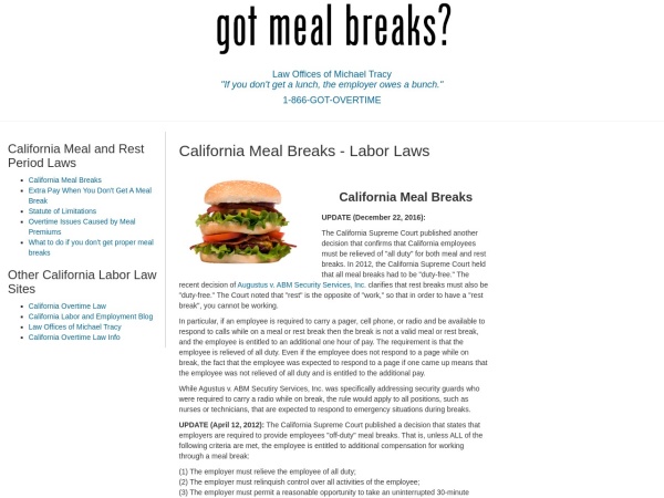 gotmealbreaks.com website captura de tela California Labor Law of Meal Breaks