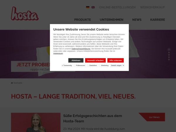 hosta-group.com website captura de tela HOSTA – lange Tradition und viel Neues rund um Süßwaren