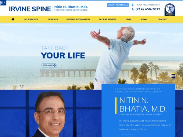 irvinespine.com website skärmdump Nitin N Bhatia MD | Fellowship Trained Spine Surgeon Orange County, Newport Beach, CA