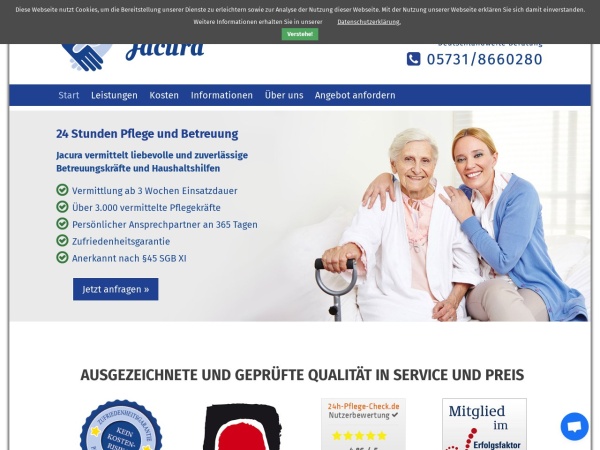 jacura.de website captura de pantalla 24 Stunden Pflege und Betreuung zu Hause - Jacura 24h-Betreuung
