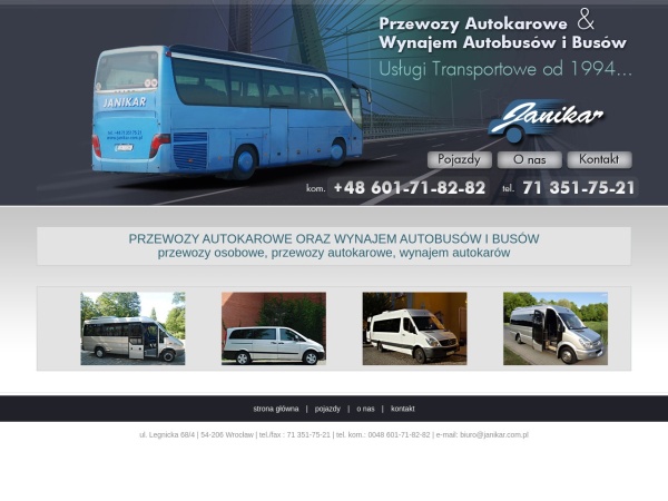 janikar.com.pl website skærmbillede Wynajem autokarów Wrocław - przewozy autokarowe, wynajem autobusów i busów,przewozy osobowe,autokary