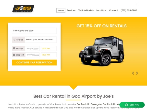 joescarrentalgoa.com website screenshot Best Car Rentals at Goa Airport | Self Drive Car Rental at Goa Airport by Joes Car Rentals