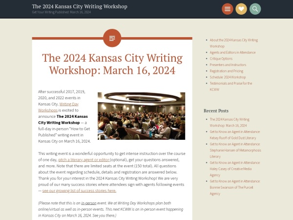 kansaswritingworkshop.com website screenshot The 2020 Kansas City Writing Workshop – Get Your Writing Published: March 28, 2020 (Kansas Cit
