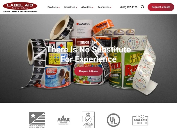 label-aid.com website captura de tela Custom & Industrial Label Manufacturer - Custom Label Printing & Design | Label-Aid Systems, Inc.