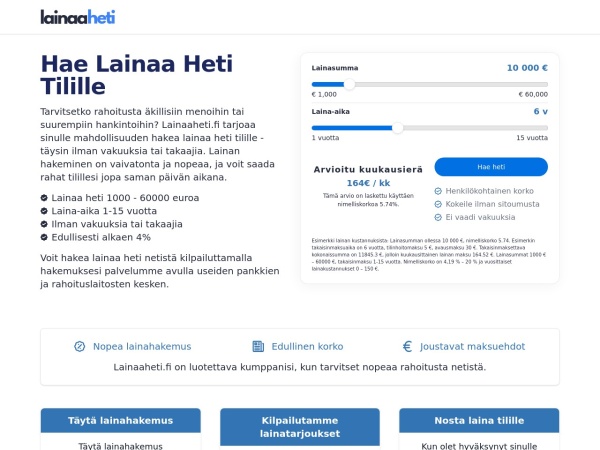 lainaaheti.fi website Bildschirmfoto Lainaa heti tilille netistä - 1000 - 60000 euroa | Lainaaheti.fi