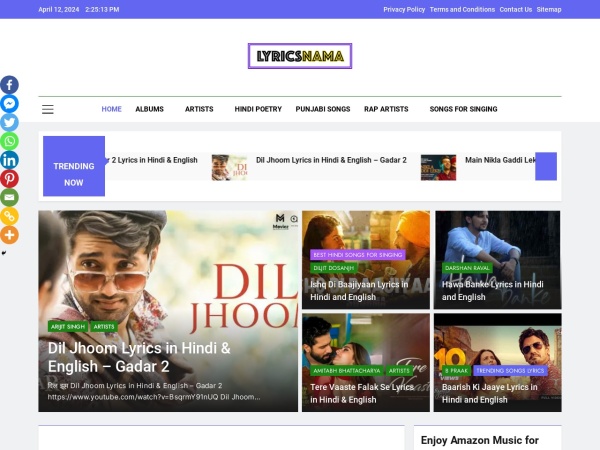 lyricsnama.com website screenshot New Hindi Songs Lyrics In Hindi & English, Free Download Now