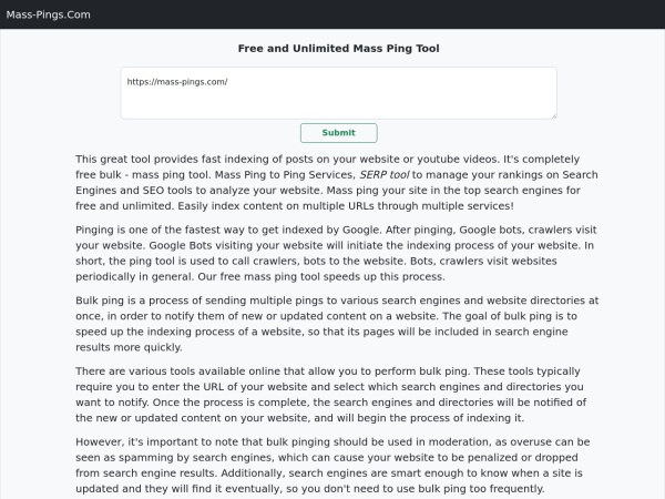 mass-pings.com website screenshot Mass Pings - Free and Unlimited Mass Ping Tool