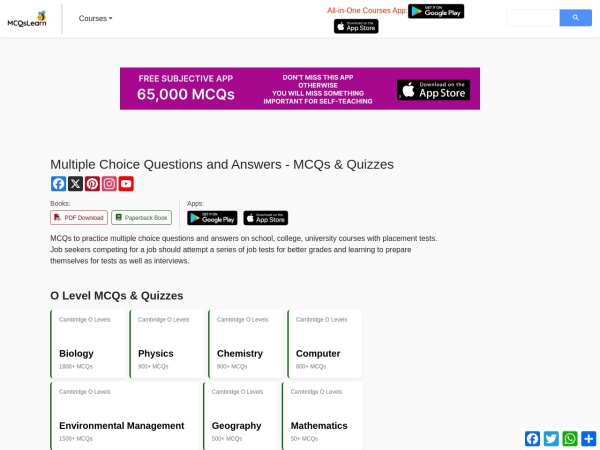 mcqslearn.com website Скриншот MCQs & Quizzes - Multiple Choice Questions Answers - MCQsLearn