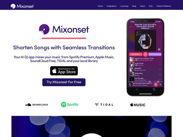mixonset.com website screenshot Mixonset - AI DJ App - Shorten Songs with Transitions