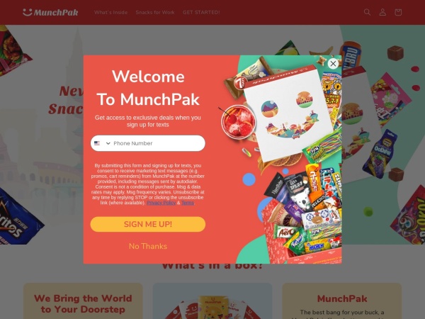 munchpak.com website screenshot MunchPak: Popular Candy & Snacks From Around The World. Delivered Monthly.