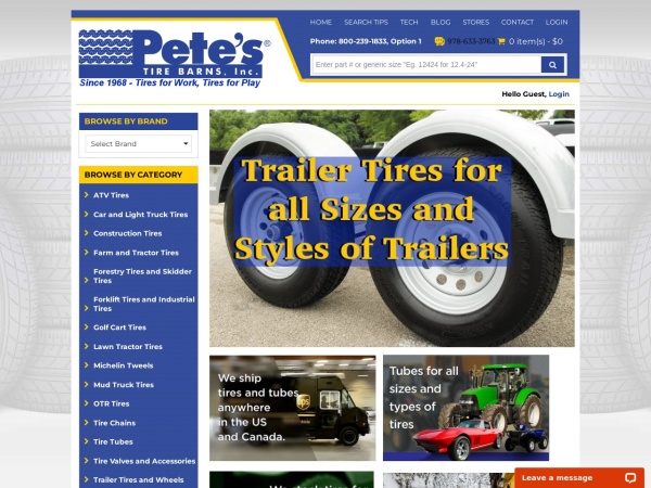 petestirestore.com website ekran görüntüsü Pete's Tire Barns Online Tire Store-No Tire Too Big, No Tire Too Small