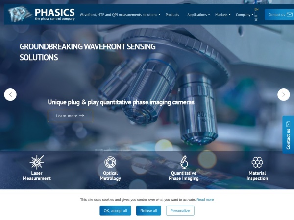 phasicscorp.com website skærmbillede High-end wavefront sensors & optics testing stations - Phasics