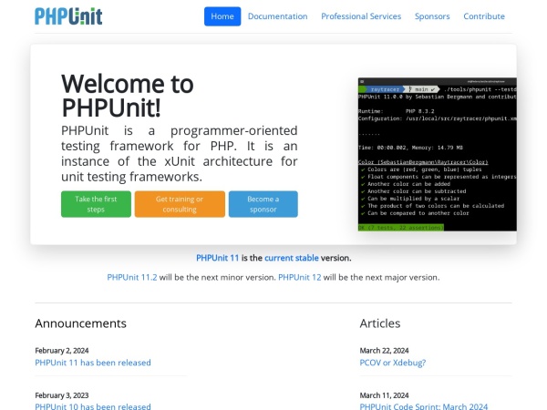 phpunit.de website Скриншот PHPUnit – The PHP Testing Framework