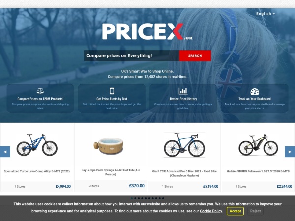 pricex.uk website screenshot PriceX.uk | Price Comparison with SMS Price Alerts | UK's Smart Way to Shop Online.
