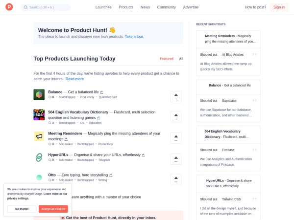 producthunt.com website skärmdump Product Hunt – The best new products in tech.