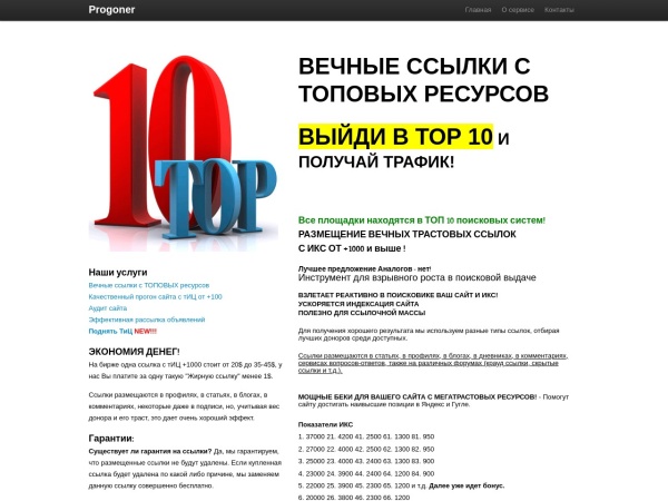 progoner.ru website captura de tela Progoner - Вечные ссылки с трастовых сайтов