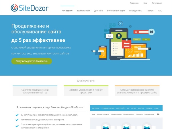 sitedozor.ru website Bildschirmfoto Система продвижения сайта - Seo оптимизация, поисковое продвижение, бесплатный анализ, контент марке
