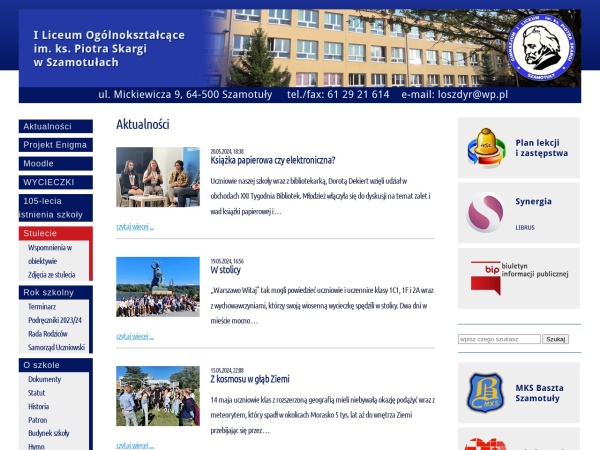 skarga-szamotuly.edu.pl website Скриншот I Liceum Ogólnokształcące im. ks. Piotra Skargi w Szamotułach