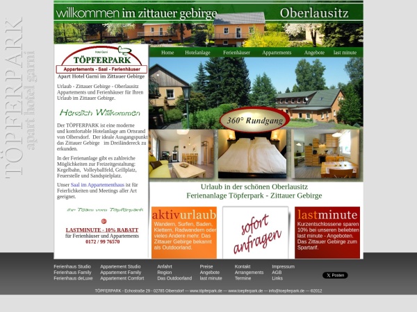toepferpark.de website screenshot Willkommen im TÖPFERPARK ! Ihre Ferienanlage im Zittauer Gebirge