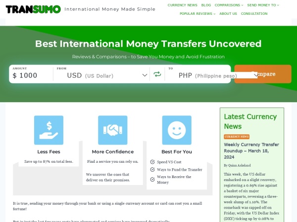 transumo.com website immagine dello schermo How to Save Money on International Transfers - Transumo