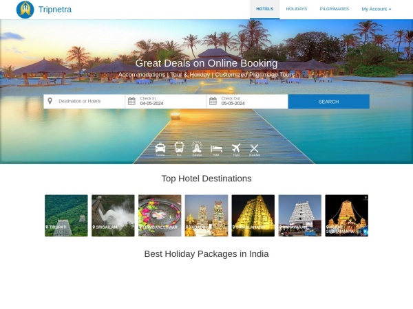 tripnetra.com website screenshot Tripnetra - Hotels booking,Tour packages,Darshan packages