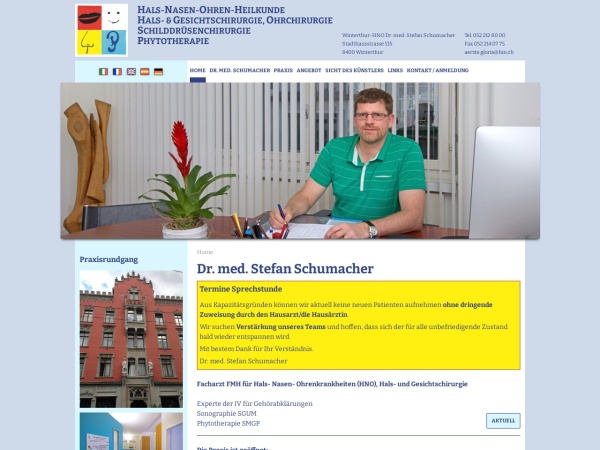 winterthur-hno.ch website screenshot HNO PRAXIS, DR. MED. STEFAN SCHUMACHER, Winterthur