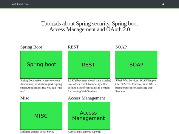 wstutorial.com website capture d`écran Spring security, Access Management, OAuth2 tutorials
