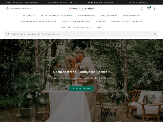 Screenshot des Onlineshops von Ja Hochzeitsshop